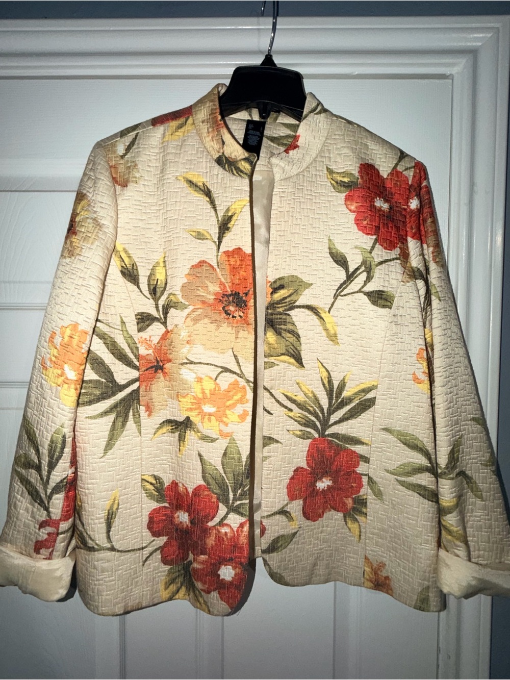 Floral Quilted Open-Front Jacket - Cream with Red & Orange Blooms